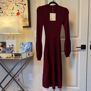 Diane Von Furstenberg Burgundy Long-Sleeve Midi Ribbed Dress